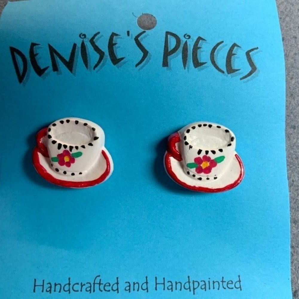 Tea Cup Earrings Pierced White Red Flower Yellow Plaster Handmade Hand Painted